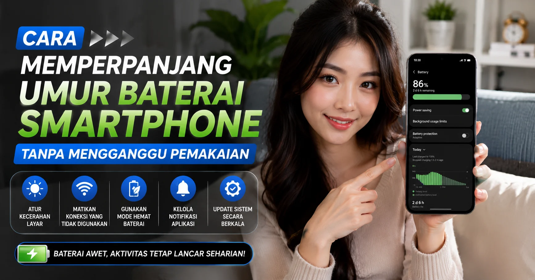 Smartphone sedang diisi daya di atas meja pada suhu ruangan