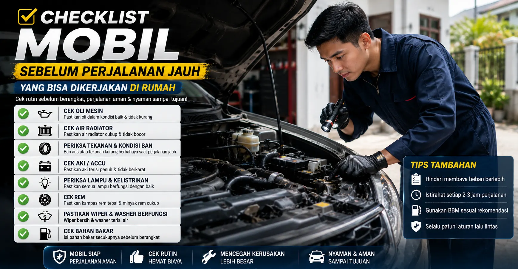 Pemilik mobil memeriksa kondisi oli mesin menggunakan dipstick