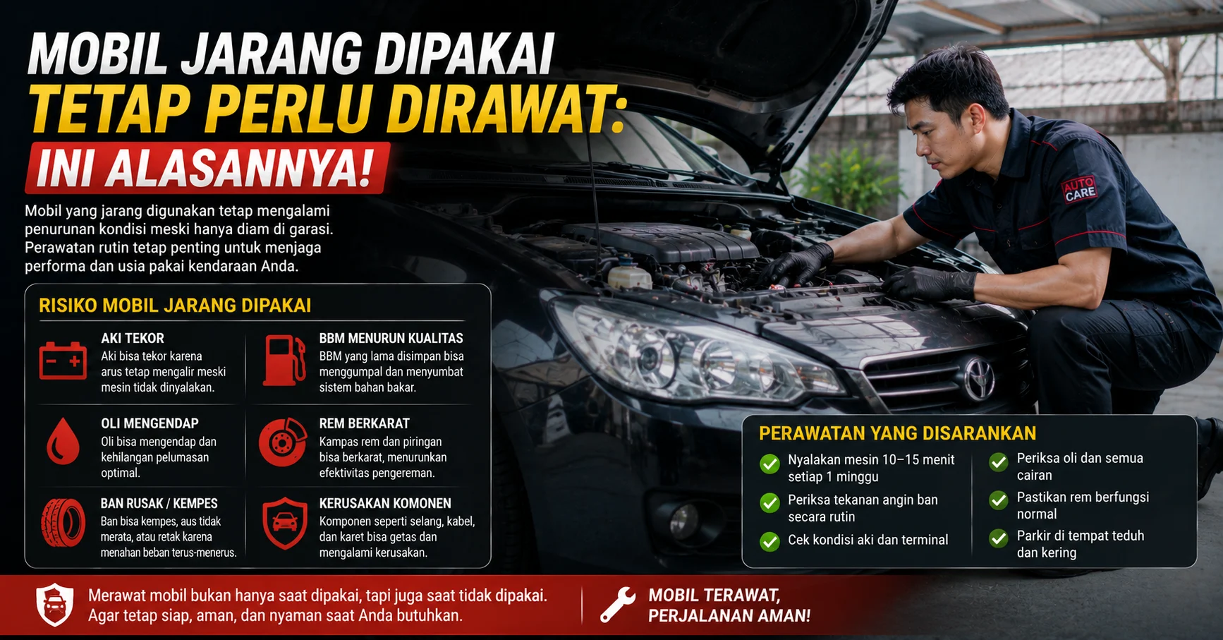 Mobil yang terparkir lama di garasi dengan pemilik melakukan pemeriksaan kondisi kendaraan sebelum digunakan kembali
