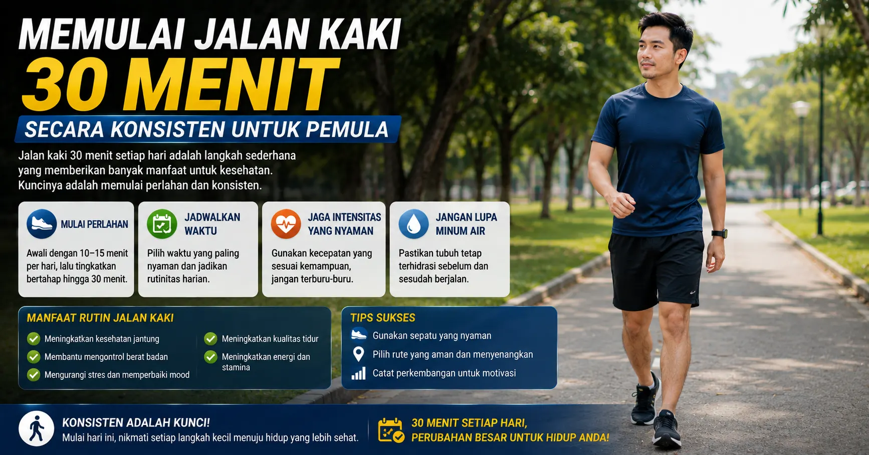 Seseorang melakukan aktivitas jalan kaki santai di taman pada pagi hari sebagai latihan olahraga ringan untuk pemula.