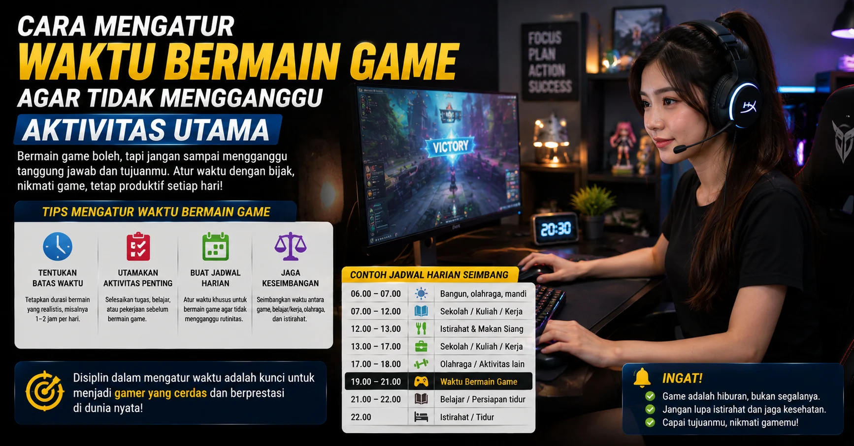 Seseorang bermain game menggunakan komputer dengan jadwal waktu yang teratur agar tetap seimbang dengan aktivitas harian.