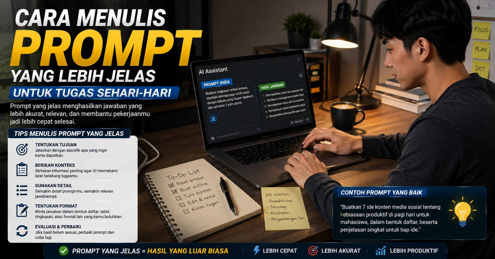 Seseorang menggunakan laptop untuk menulis prompt AI dengan catatan tugas dan ide produktivitas di meja kerja.