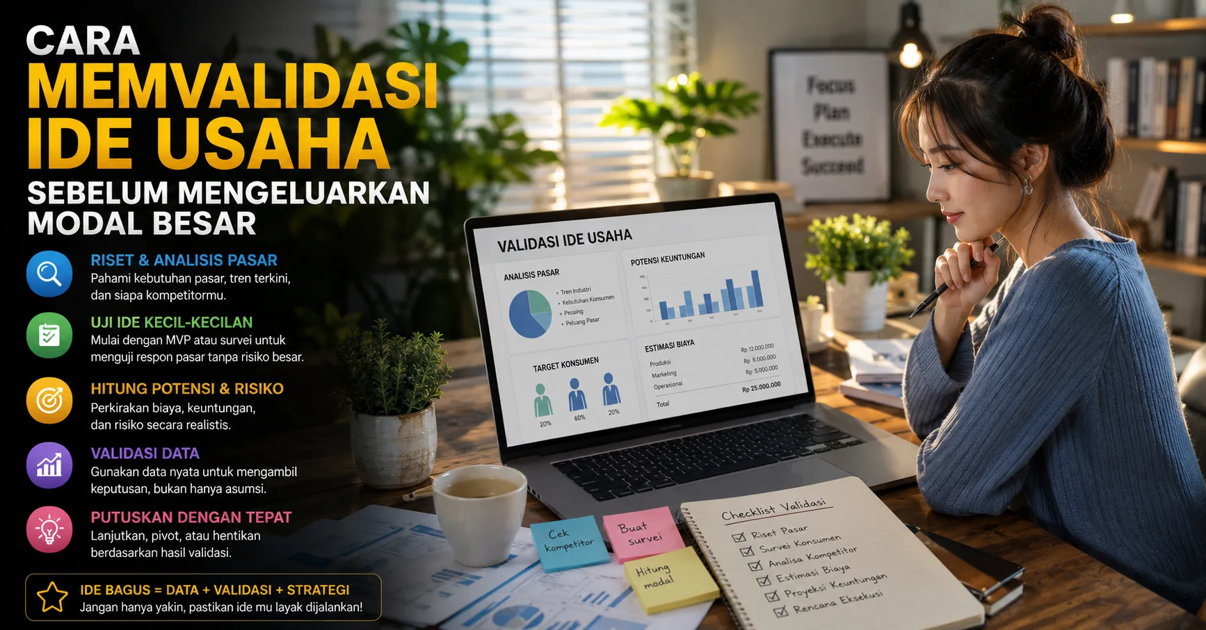 Seorang calon pengusaha sedang menganalisis ide bisnis menggunakan laptop, grafik riset pasar, dan catatan strategi sebelum memulai usaha.