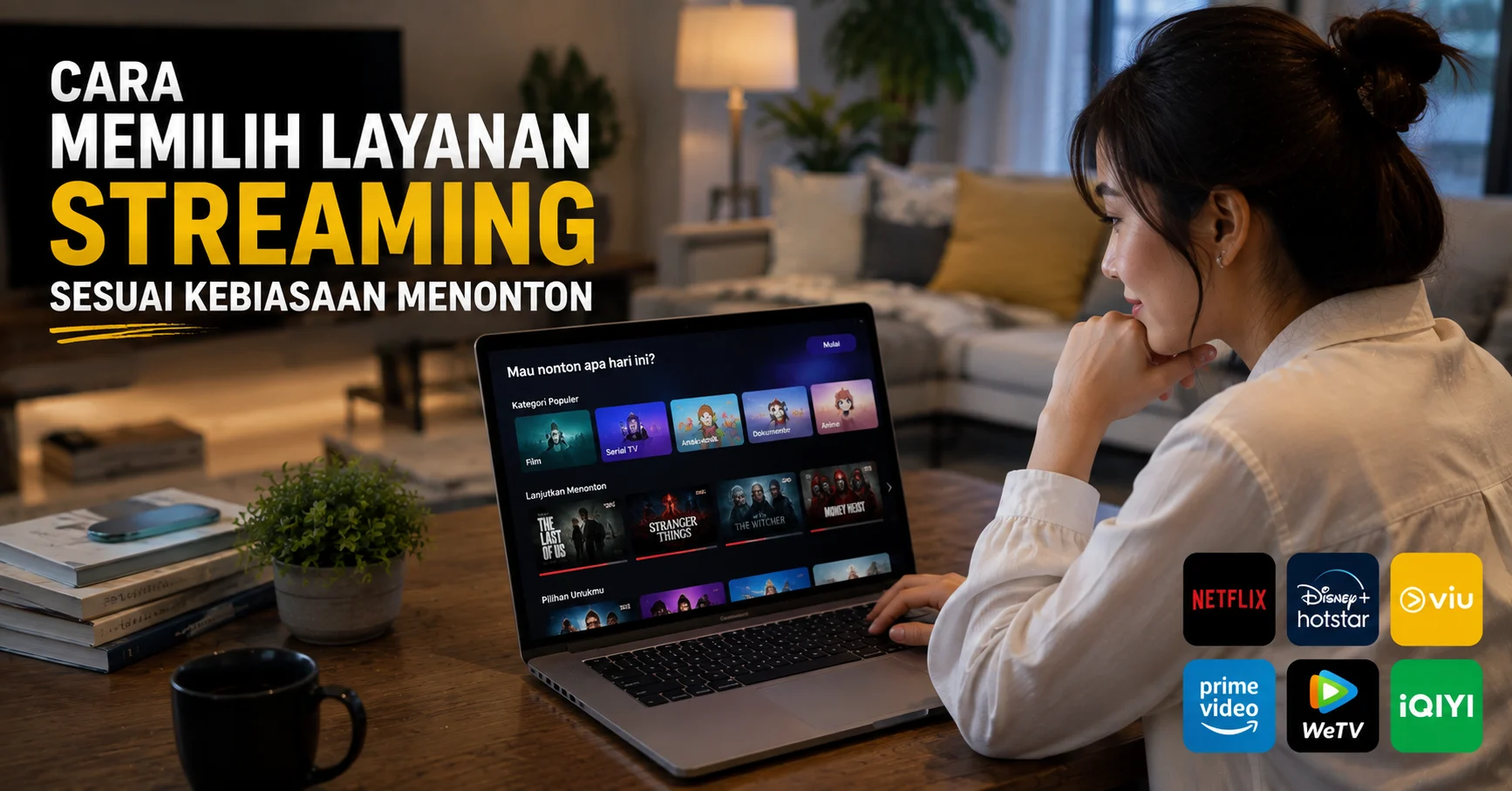 Seseorang sedang memilih layanan streaming melalui laptop dengan tampilan berbagai kategori film, serial, dan hiburan digital.
