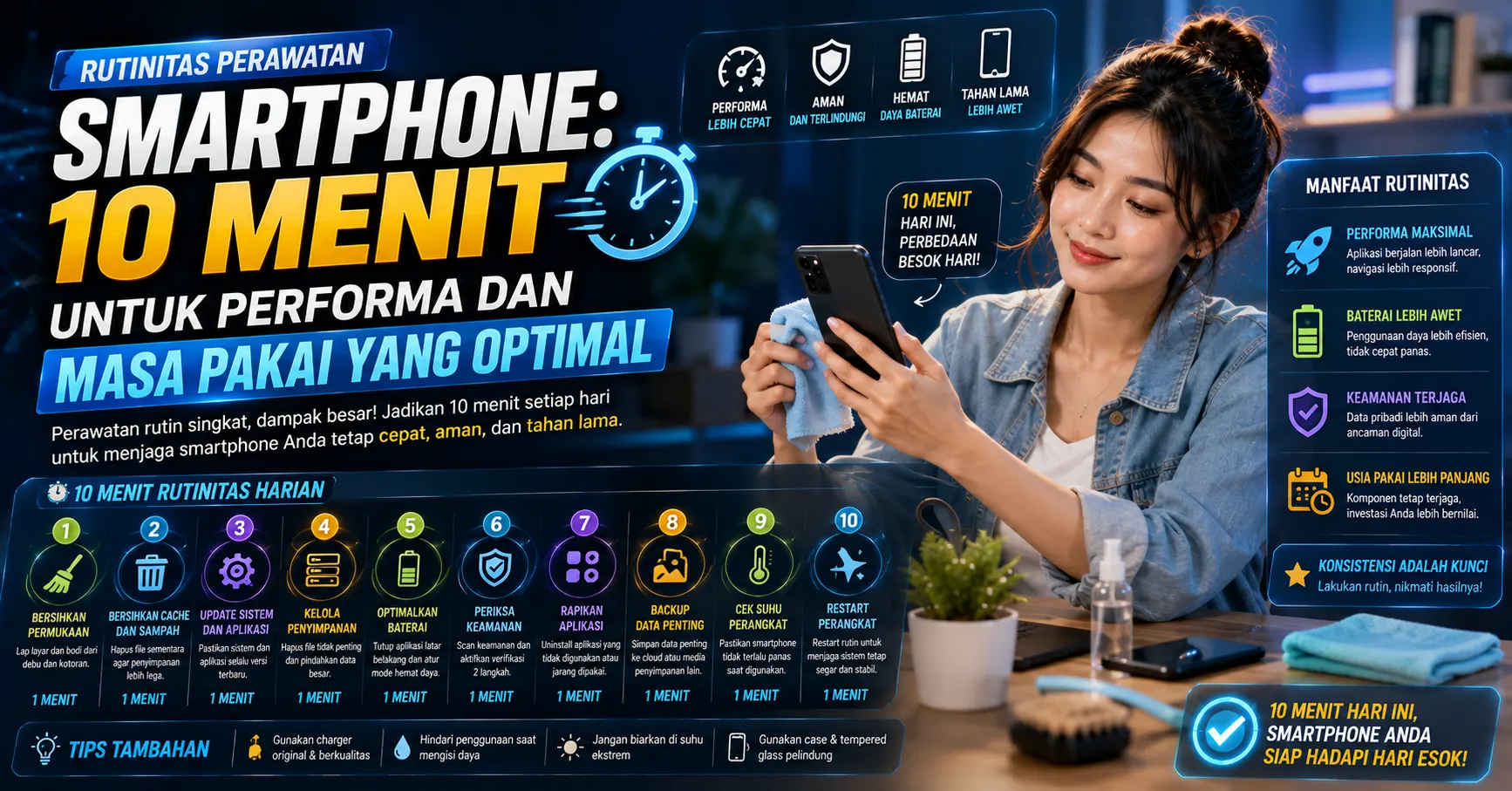Ilustrasi smartphone dengan ikon kebersihan, kunci keamanan, dan kecepatan