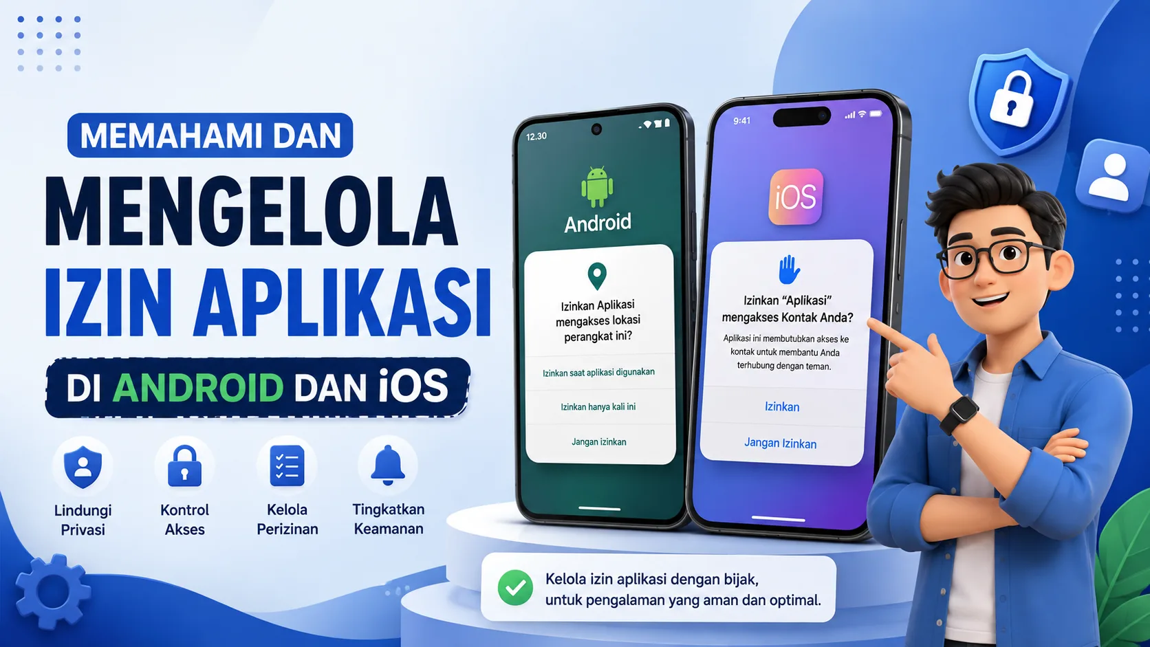 Ilustrasi pengaturan izin aplikasi di smartphone Android dan iOS