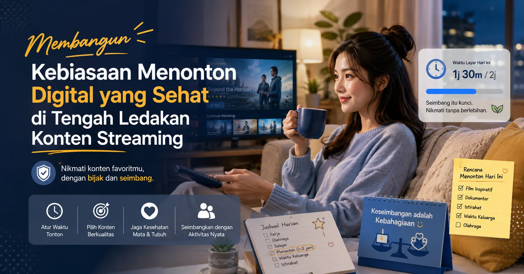 Ilustrasi seseorang menikmati layanan streaming dengan pengaturan waktu layar yang seimbang dan terencana