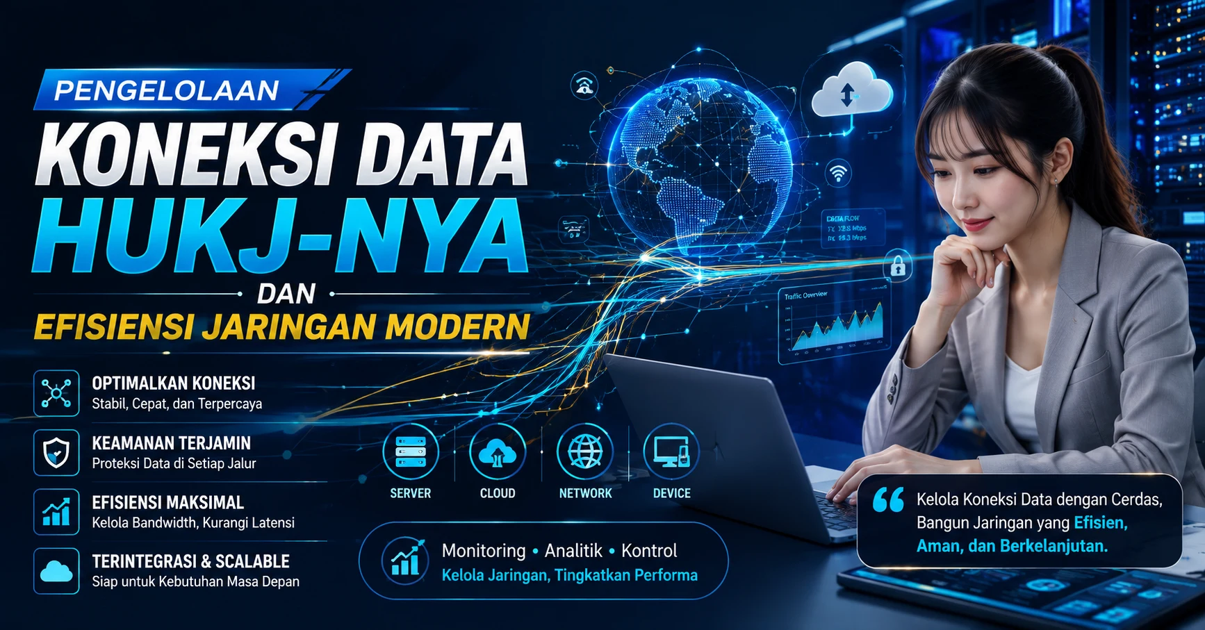 Ilustrasi pengelolaan koneksi data pada jaringan modern dengan perangkat, server, cloud, dan visualisasi aliran data digital.