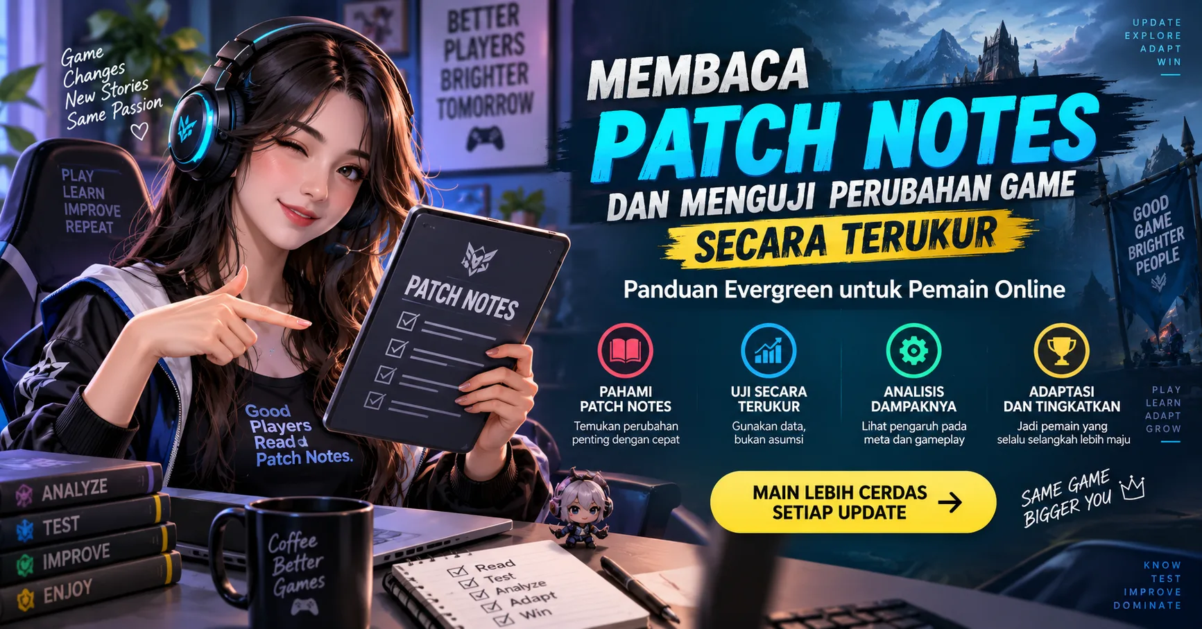 Ilustrasi pemain game online membaca patch notes di monitor sambil membandingkan perubahan statistik dan menguji dampaknya melalui gameplay.