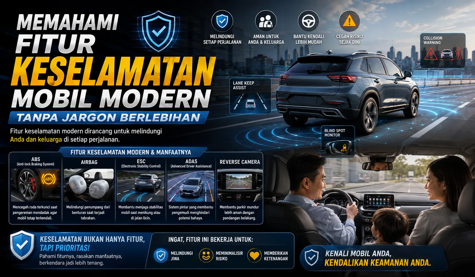 Dashboard mobil modern dengan indikator keselamatan