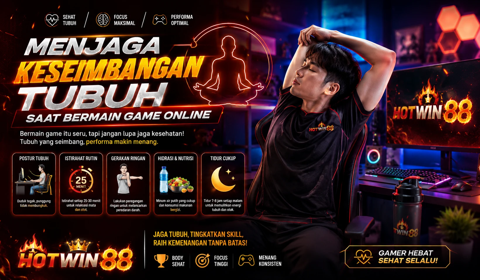 Setup bermain game di meja dengan monitor dan headphone