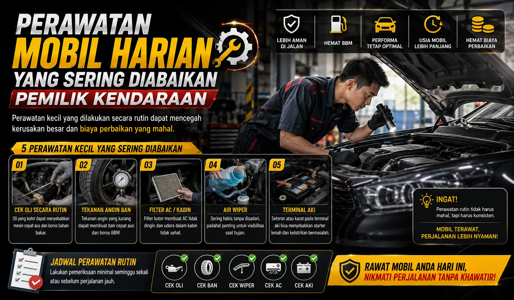 Pengemudi memeriksa kondisi ban mobil